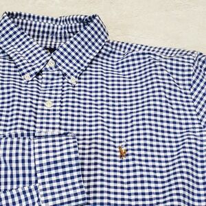 Ralph Lauren Blue Label Blue White Gingham Plaid Dress Shirt XL Office Classic